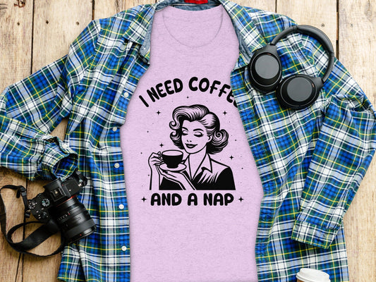 Retro Woman I Need Coffee And A Nap Graphic Design T-Shirt