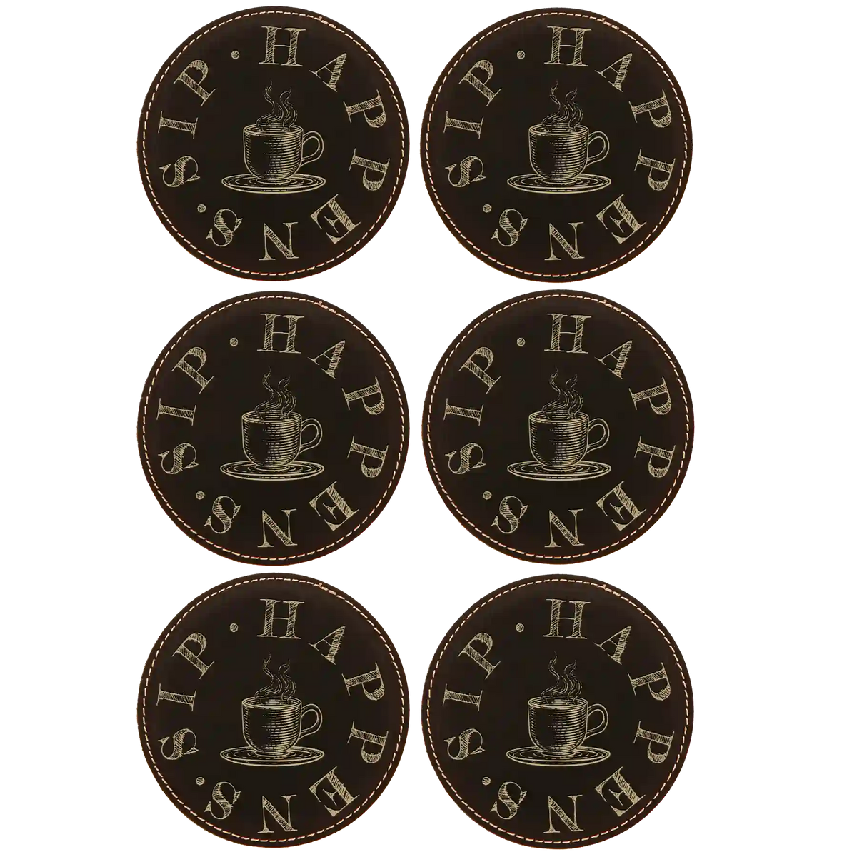 Coffee Sip Happens Round Leatherette Coasters Set of 6 | Black/Gold