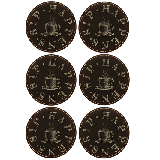 Coffee Sip Happens Round Leatherette Coasters Set of 6 | Black/Gold