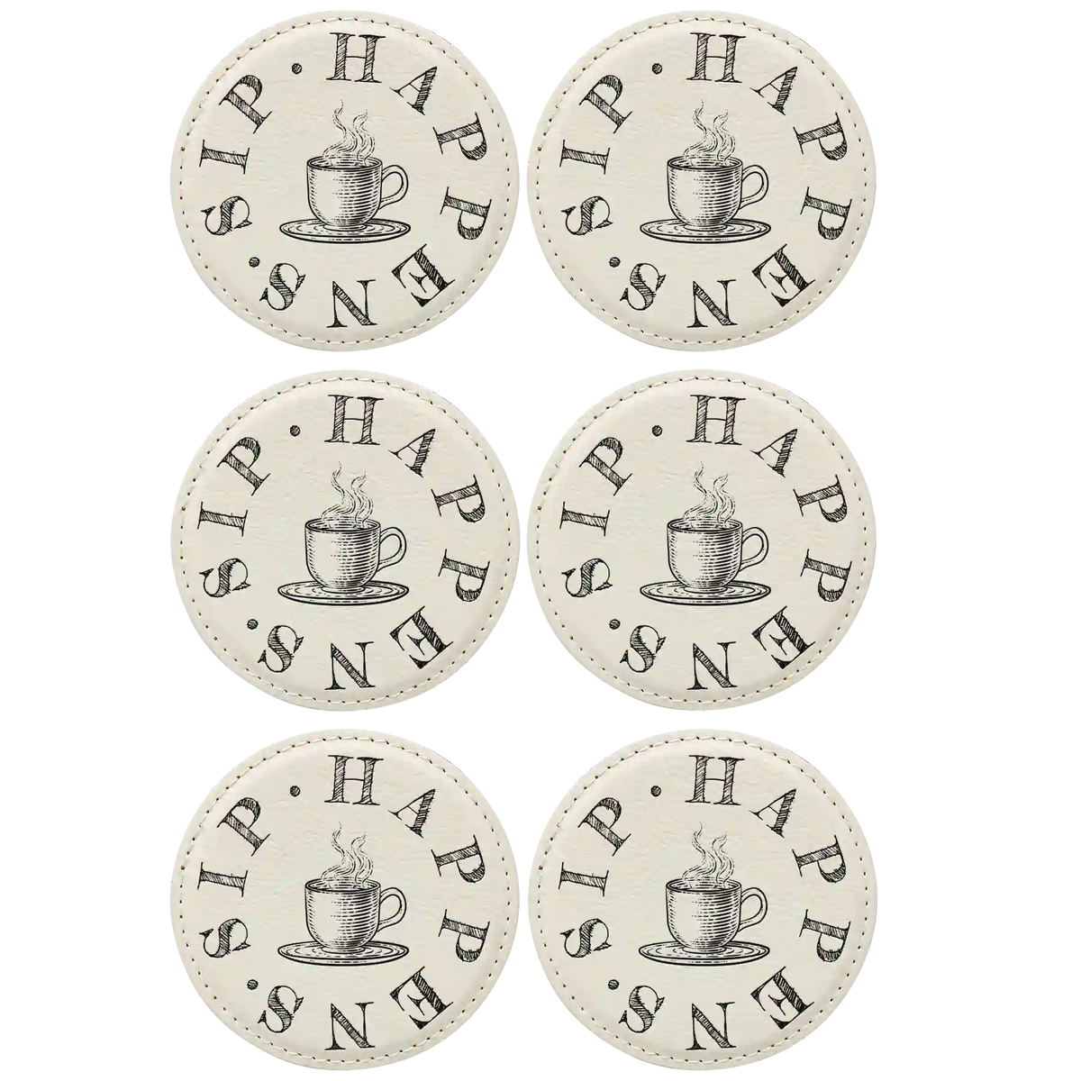 Coffee Sip Happens Round Leatherette Coasters Set of 6 | White