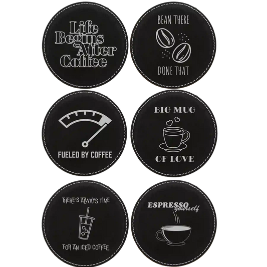 Coffee Themed 6 Pack 1 Round Leatherette Coasters Set of 6 | Black/Silver