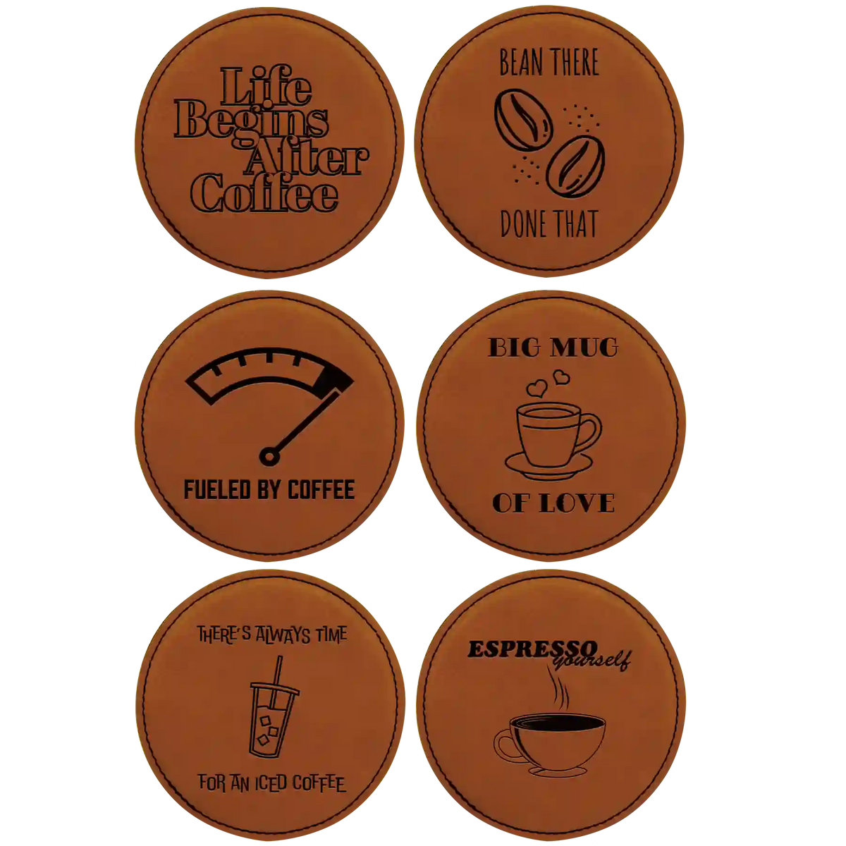 Coffee Themed 6 Pack 1 Round Leatherette Coasters Set of 6 | Rawhide