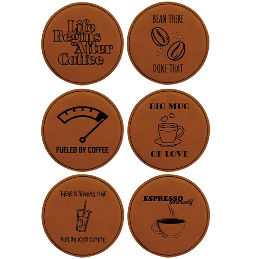 Coffee Themed 6 Pack 1 Round Leatherette Coasters Set of 6 | Rawhide