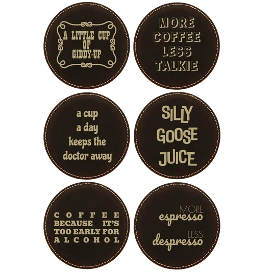Coffee Themed 6 Pack 2 Round Leatherette Coasters Set of 6 | Black/Gold