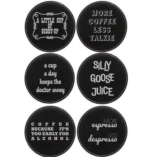 Coffee Themed 6 Pack 2 Round Leatherette Coasters Set of 6 | Black/Silver