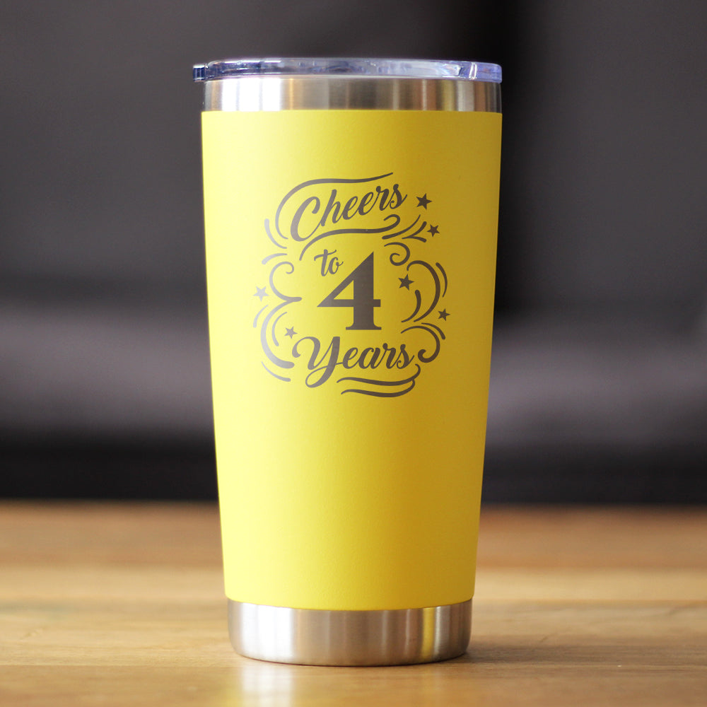 Cheers to 4 Years - Insulated Coffee Tumbler Cup with Sliding Lid - Stainless Steel Insulated Mug - 4th Anniversary Gifts and Party Decor