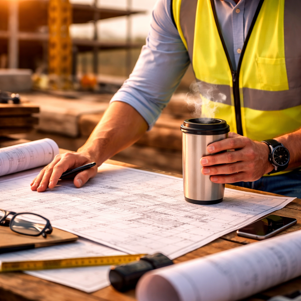 Construction worker reviewing blueprints holding steaming coffee on jobsite at sunrise.