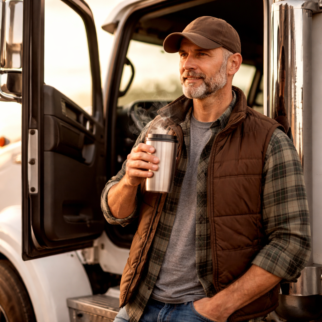 Truck driver drinking coffee beside semi-truck with door open at sunrise..
