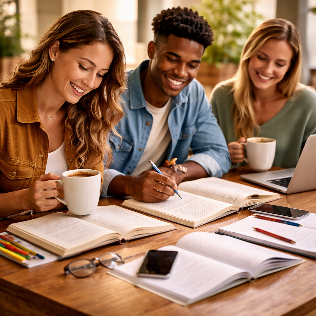 College students studying together with coffee in bright, warm classroom setting.