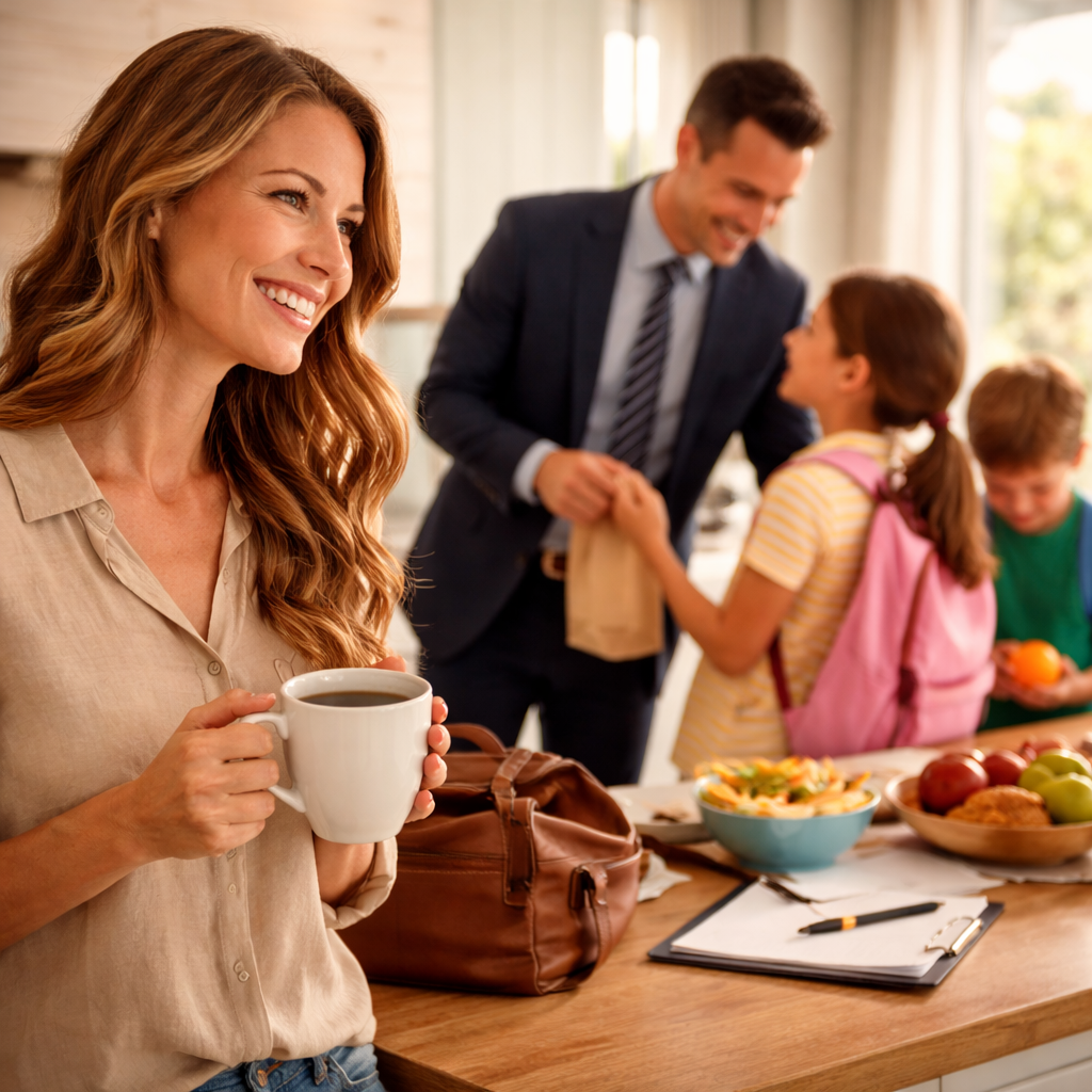Stay at home mom drinking coffee while family gets ready in warm morning kitchen.