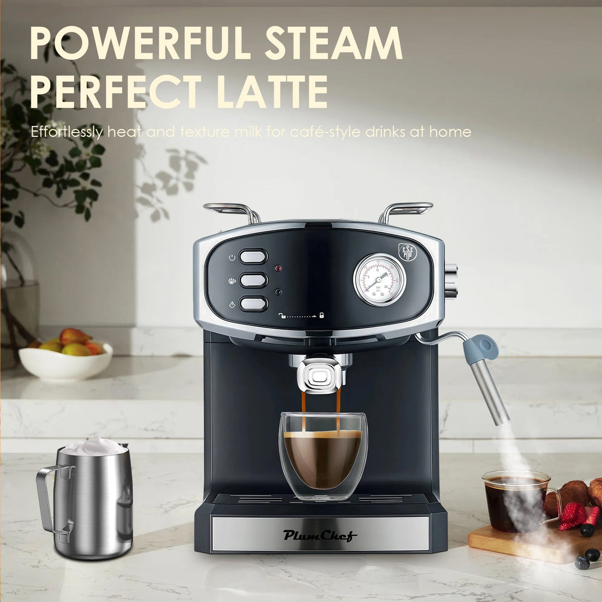 20 Bar Espresso Machine with Semi-Automatic Control - Black or Blue