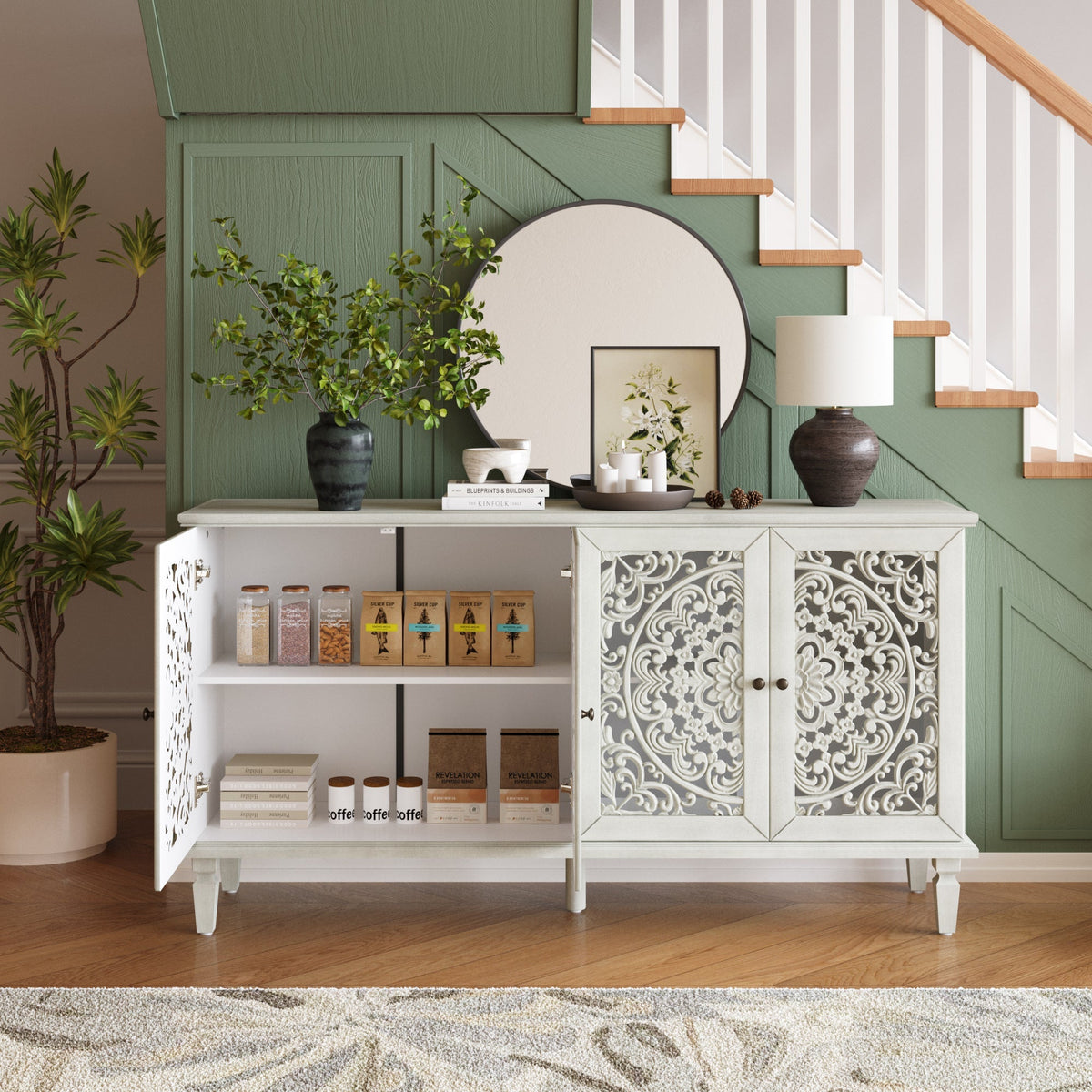 Antique Buffet Cabinet with Floral Carvings and Solid Wood Legs - Antique Grey White