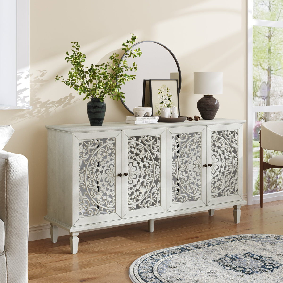 Antique Buffet Cabinet with Floral Carvings and Solid Wood Legs - Antique Grey White