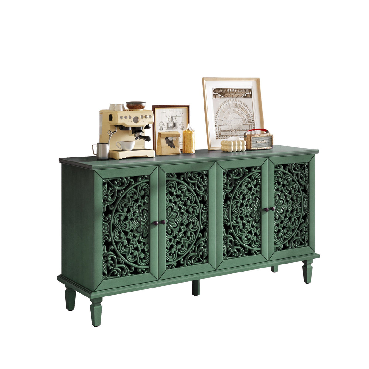 60-Inch Antique Buffet Cabinet with Floral Carvings - Antique Green