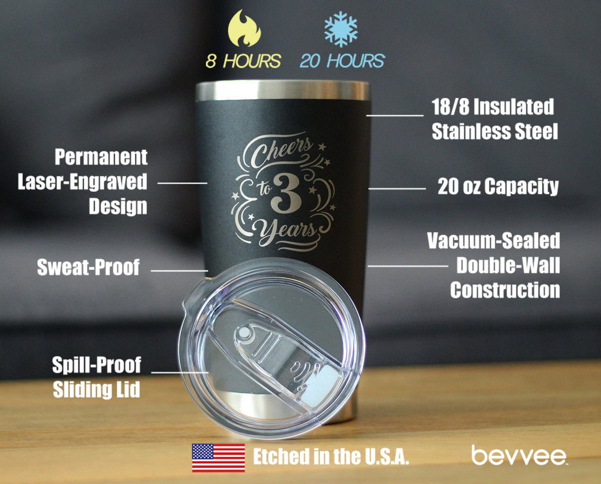 Cheers to 3 Years - Insulated Coffee Tumbler Cup with Sliding Lid - Stainless Steel Insulated Mug - 3rd Anniversary Gifts and Party Decor