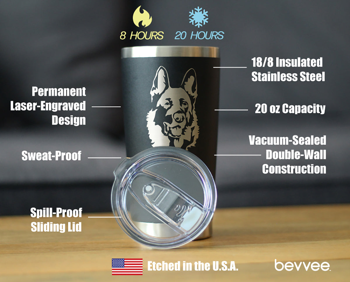 German Shepherd Happy Face - Insulated Coffee Tumbler Cup with Sliding Lid - Stainless Steel Insulated Mug - Fun Unique German Shepherd Themed Décor and Gifts for Men & Women
