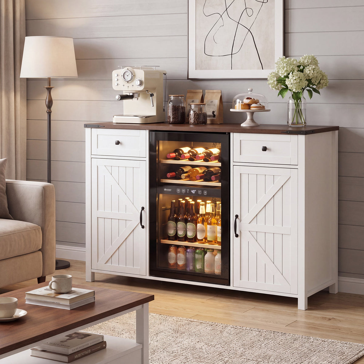 Farmhouse Coffee Bar with Mini Fridge Space and Charging Station