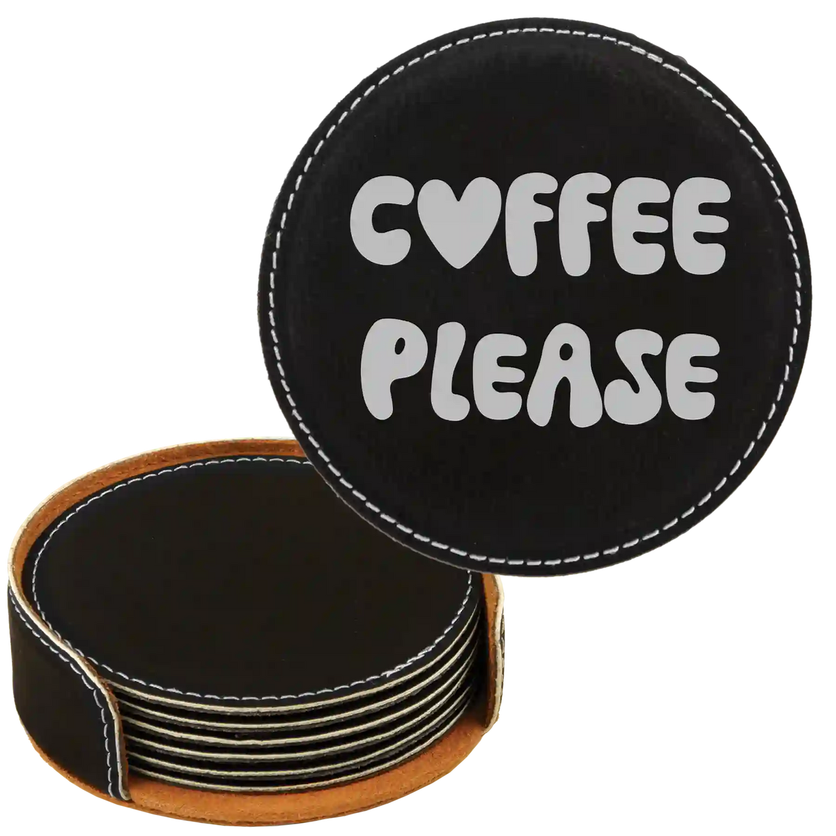 Groovy Coffee Round Leatherette Coasters Set of 6 | Black/Silver