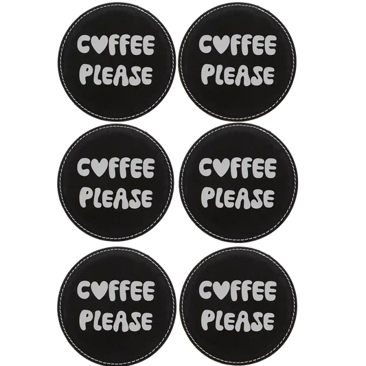 Groovy Coffee Round Leatherette Coasters Set of 6 | Black/Silver