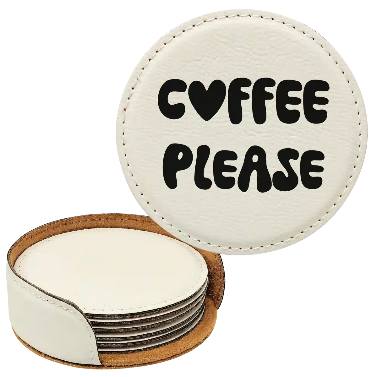 Groovy Coffee Round Leatherette Coasters Set of 6 | White