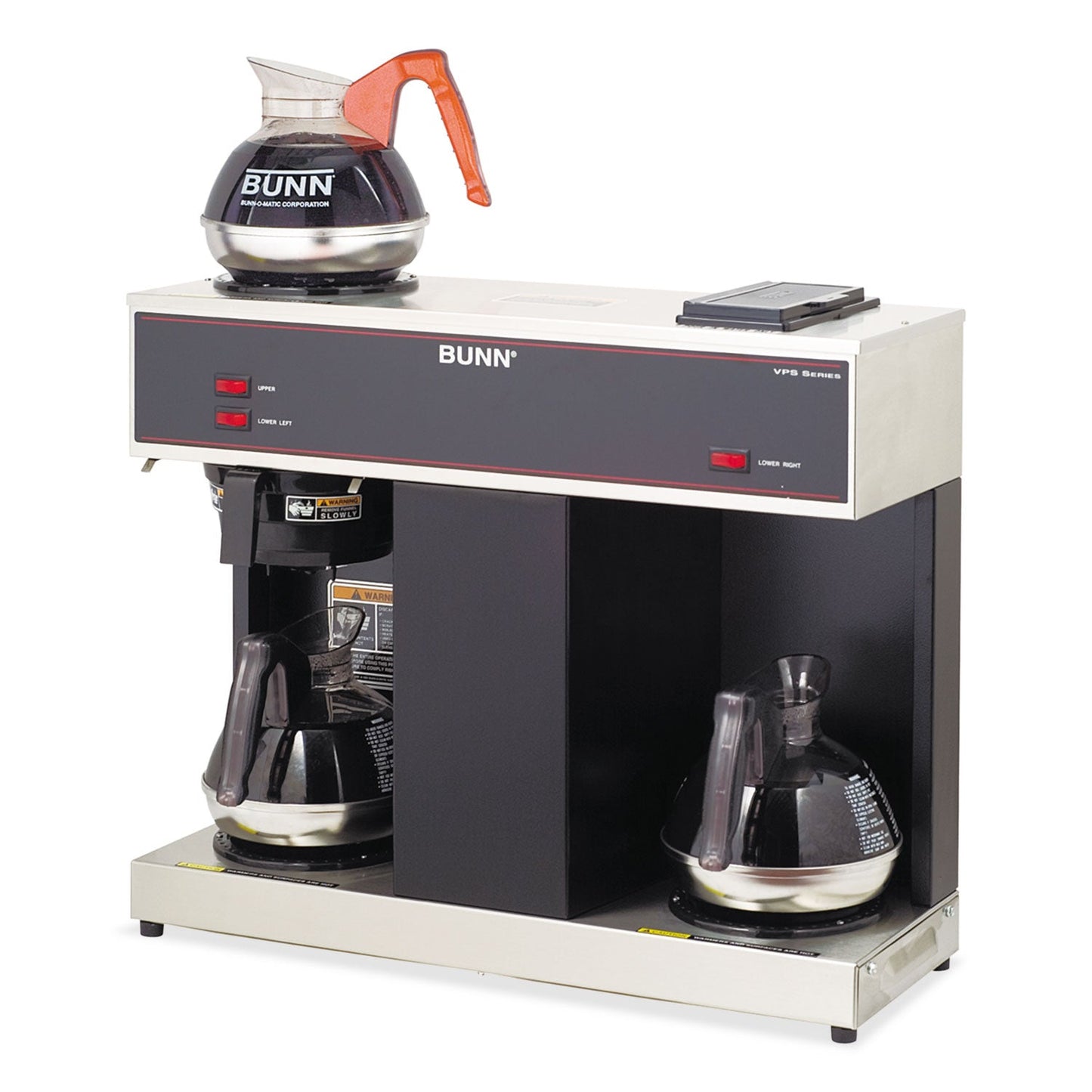 BUNN Pour-O-Matic Three-Burner Pour-Over Coffee Brewer, 12-Cup, Stainless Steel, Black