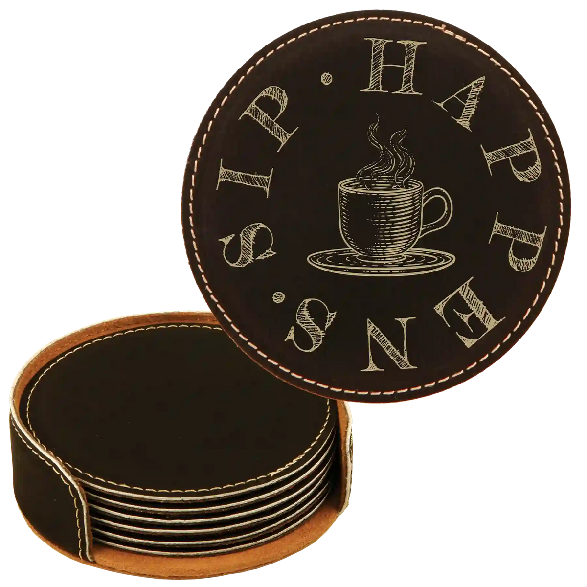 Coffee Sip Happens Round Leatherette Coasters Set of 6 | Black/Gold