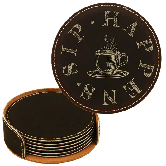 Coffee Sip Happens Round Leatherette Coasters Set of 6 | Black/Gold