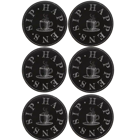 Coffee Sip Happens Round Leatherette Coasters Set of 6 | Black/Silver