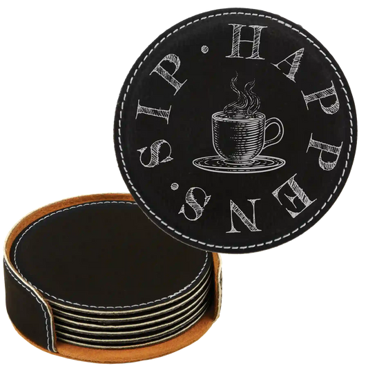 Coffee Sip Happens Round Leatherette Coasters Set of 6 | Black/Silver