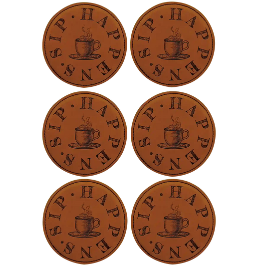 Coffee Sip Happens Round Leatherette Coasters Set of 6 | Rawhide