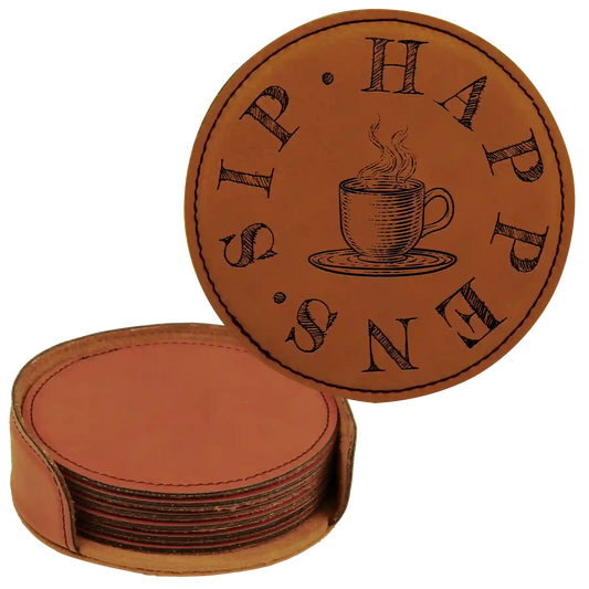 Coffee Sip Happens Round Leatherette Coasters Set of 6 | Rawhide