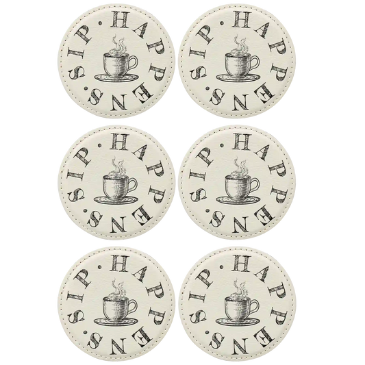 Coffee Sip Happens Round Leatherette Coasters Set of 6 | White