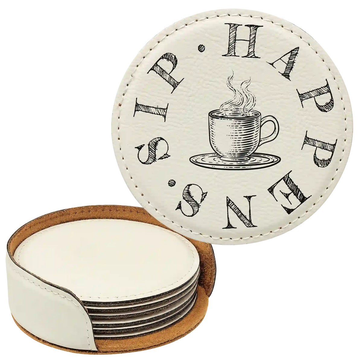 Coffee Sip Happens Round Leatherette Coasters Set of 6 | White