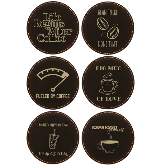 Coffee Themed 6 Pack 1 Round Leatherette Coasters Set of 6 | Black/Gold