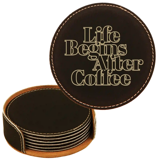 Coffee Themed 6 Pack 1 Round Leatherette Coasters Set of 6 | Black/Gold