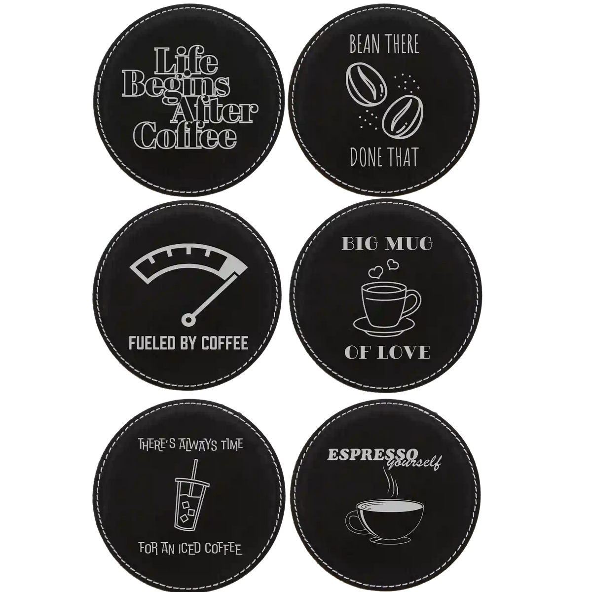 Coffee Themed 6 Pack 1 Round Leatherette Coasters Set of 6 | Black/Silver