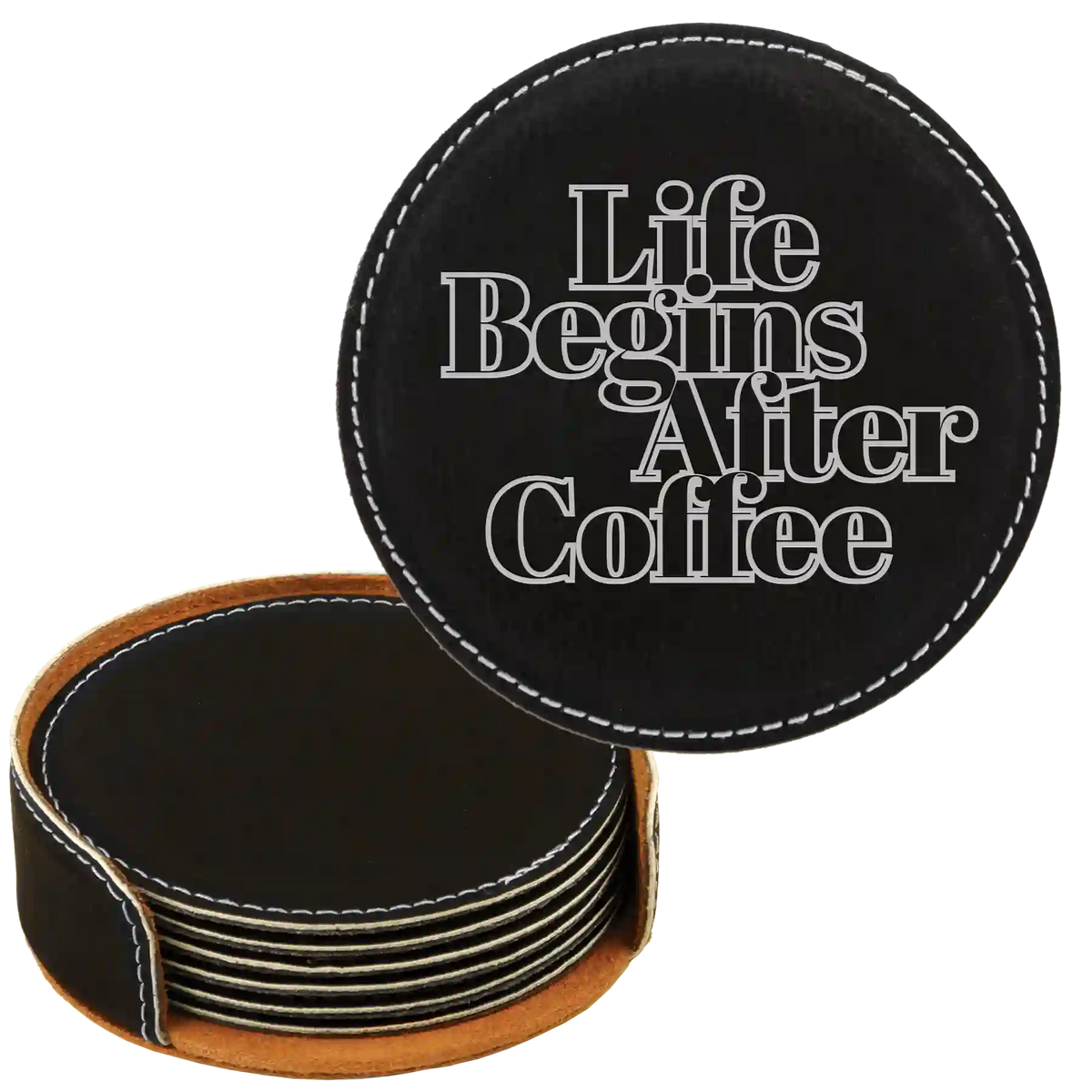 Coffee Themed 6 Pack 1 Round Leatherette Coasters Set of 6 | Black/Silver
