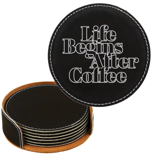 Coffee Themed 6 Pack 1 Round Leatherette Coasters Set of 6 | Black/Silver