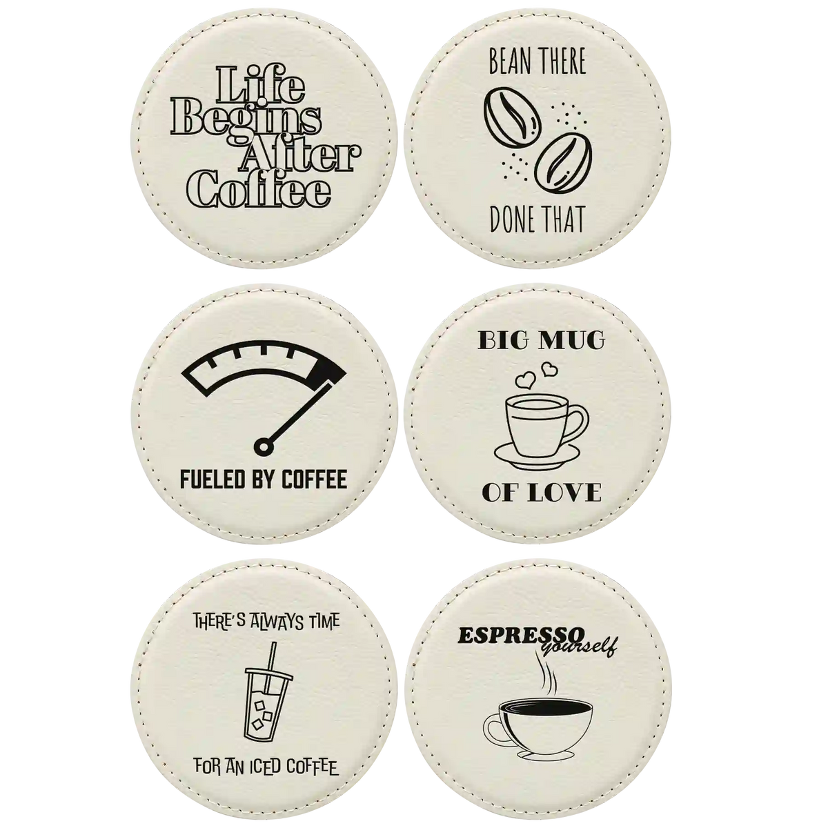 Coffee Themed 6 Pack 1 Round Leatherette Coasters Set of 6 | White