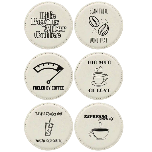 Coffee Themed 6 Pack 1 Round Leatherette Coasters Set of 6 | White