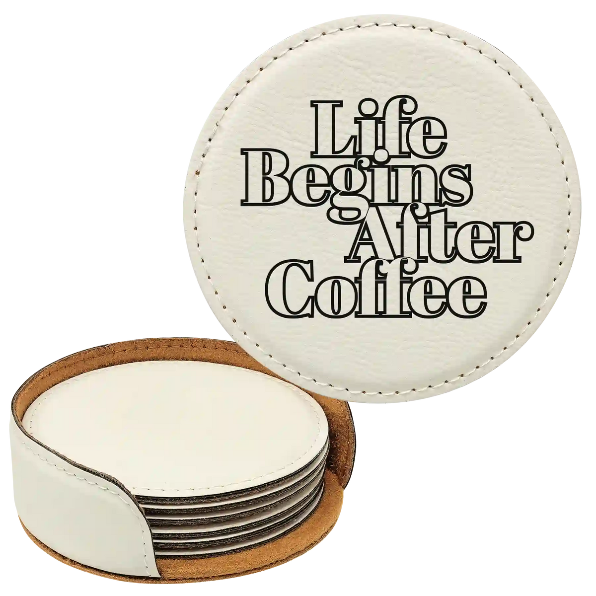 Coffee Themed 6 Pack 1 Round Leatherette Coasters Set of 6 | White