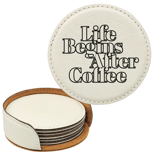 Coffee Themed 6 Pack 1 Round Leatherette Coasters Set of 6 | White