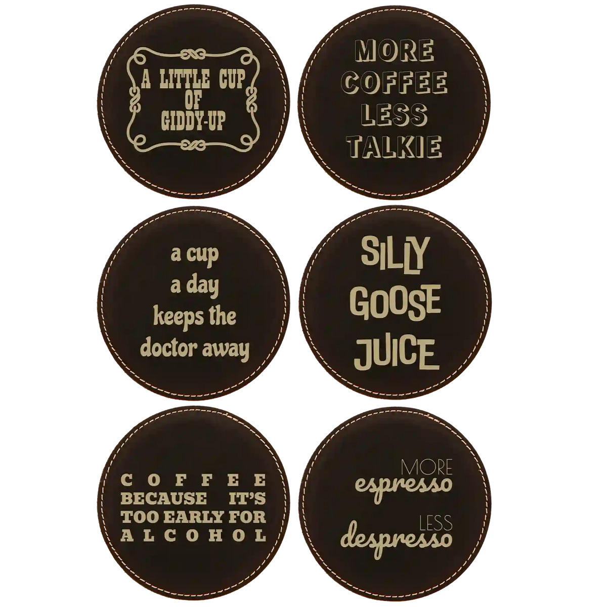 Coffee Themed 6 Pack 2 Round Leatherette Coasters Set of 6 | Black/Gold