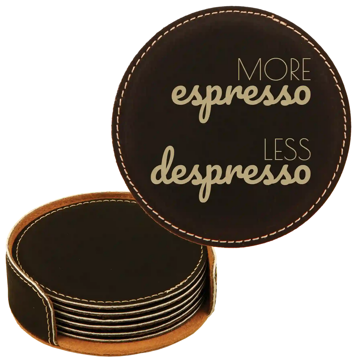 Coffee Themed 6 Pack 2 Round Leatherette Coasters Set of 6 | Black/Gold