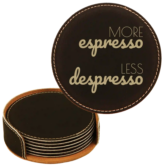 Coffee Themed 6 Pack 2 Round Leatherette Coasters Set of 6 | Black/Gold