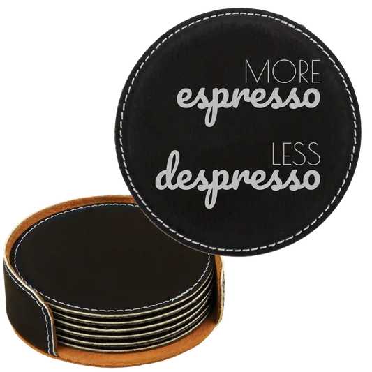 Coffee Themed 6 Pack 2 Round Leatherette Coasters Set of 6 | Black/Silver
