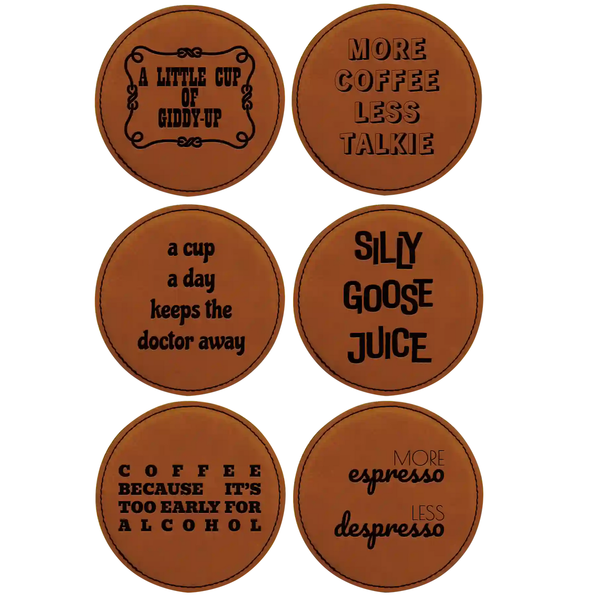 Coffee Themed 6 Pack 2 Round Leatherette Coasters Set of 6 | Rawhide