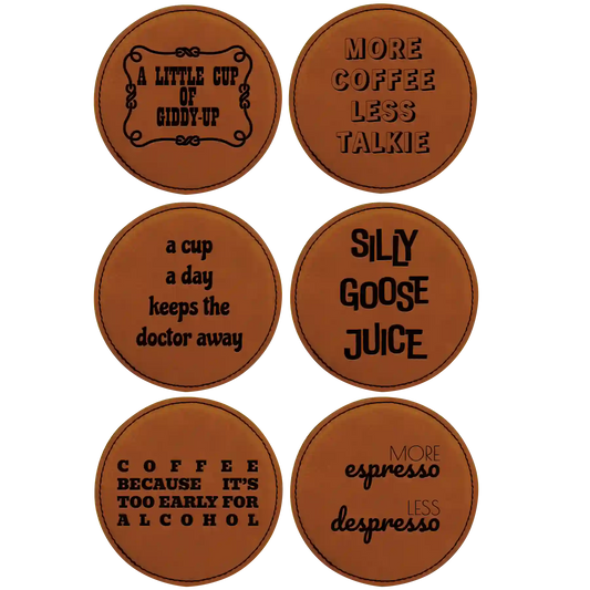 Coffee Themed 6 Pack 2 Round Leatherette Coasters Set of 6 | Rawhide