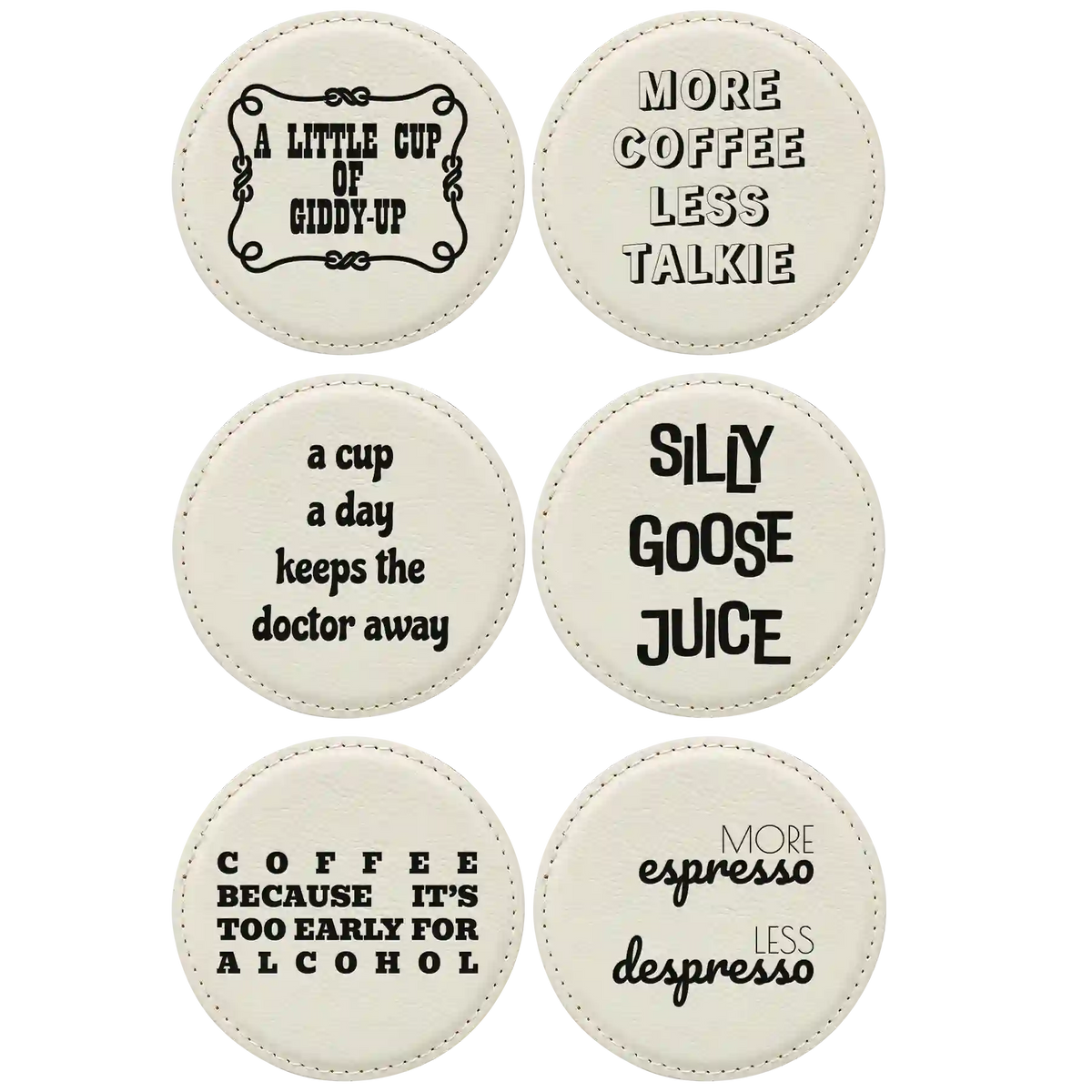 Coffee Themed 6 Pack 2 Round Leatherette Coasters Set of 6 | White