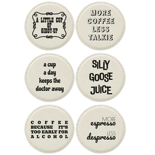 Coffee Themed 6 Pack 2 Round Leatherette Coasters Set of 6 | White